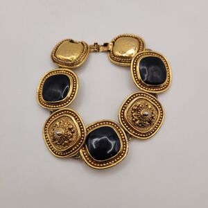 Vintage 1980s Etruscan Revival Black Enamel Gold Tone Bracelet